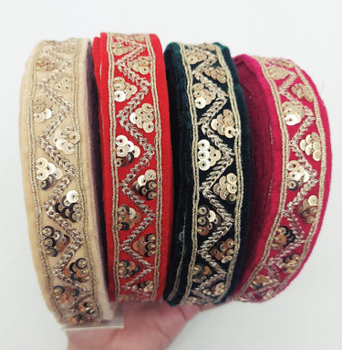 Velvet Fabric Embroidered Trim Sequins Lace Sewing Trimming Sari Trim Indian Border, Sequinned Border, Trim by 9 Yards